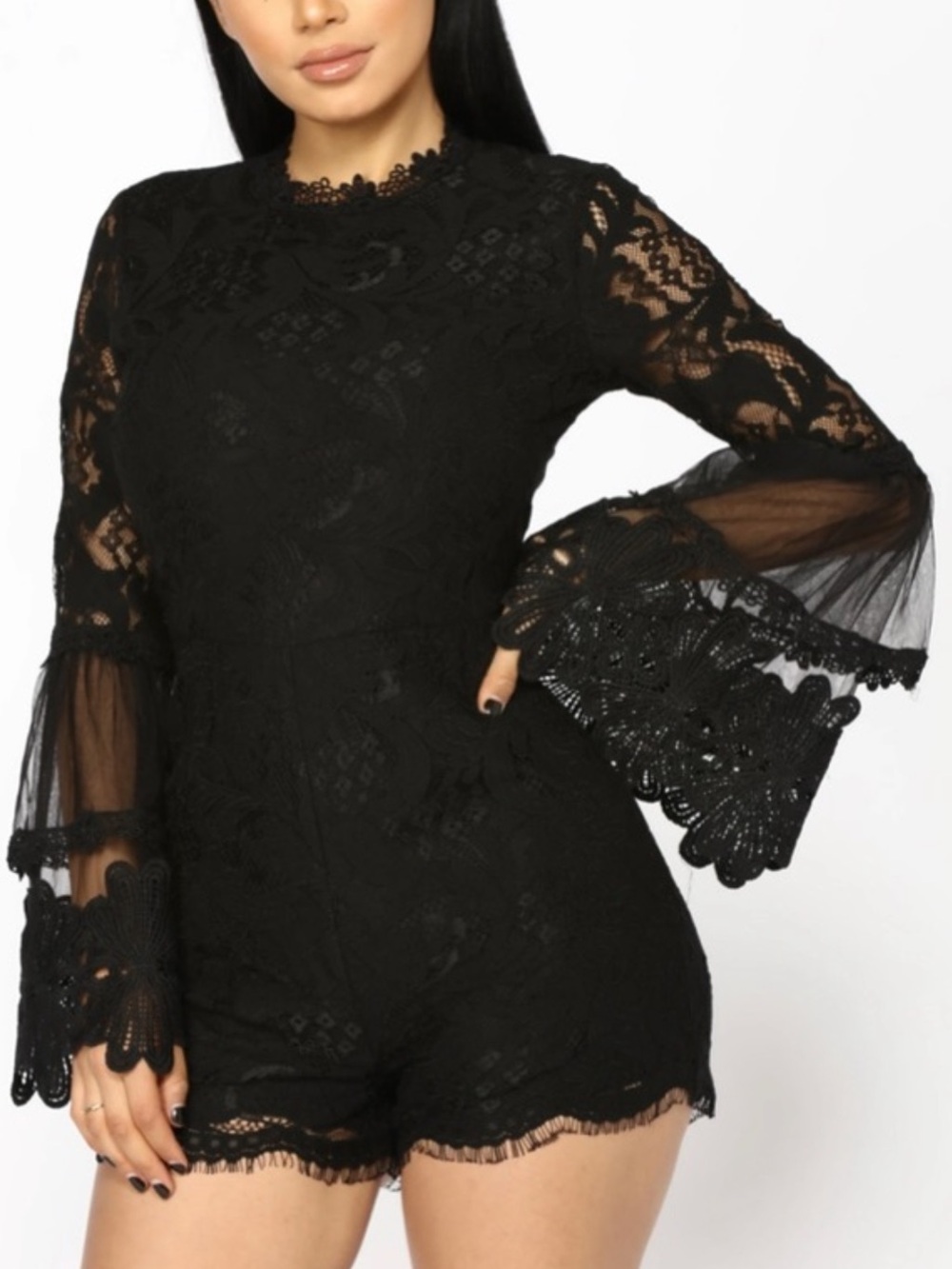Vici Women’s Black Lace Bell Sleeve Romper Size Medium - Picture 1 of 8
